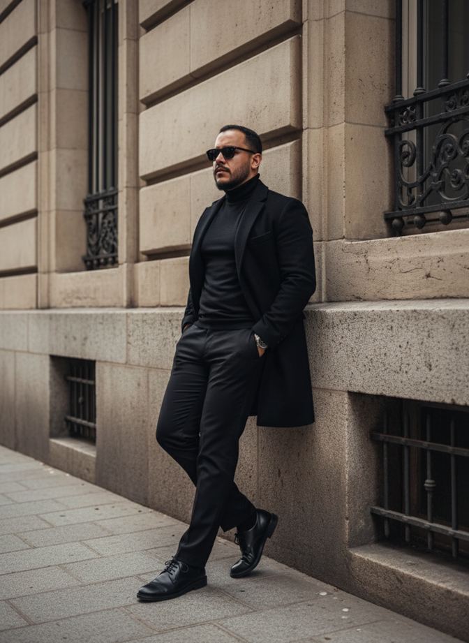 Mo RezaAli, in a black coat and sunglasses, leaning against the stone wall of a city building